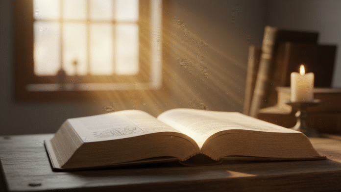Bíblia Iluminada imagem de uma Bíblia iluminada suavemente simbolizando promessa e revelação espiritual