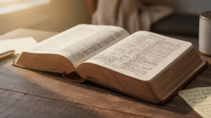 Bíblia aberta Filipenses 1200x675 Imagem de uma Bíblia aberta no livro de Filipenses, simbolizando o estudo e a reflexão sobre a alegria em Cristo.