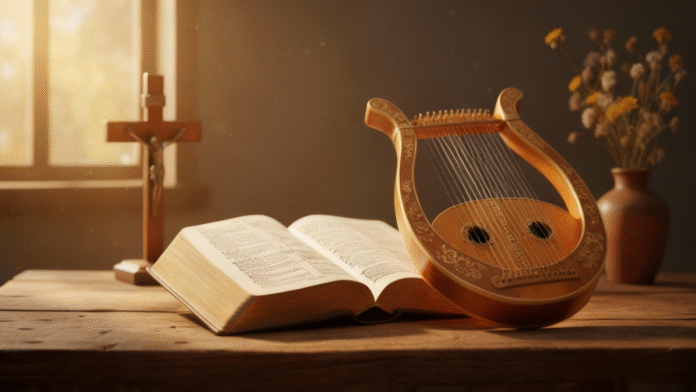 Bíblia aberta Salmos harpa 1200x675 Bíblia aberta no livro de Salmos com harpa ao lado.