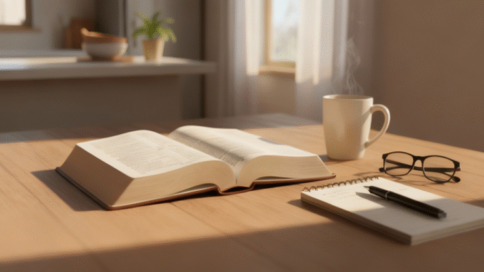 Bíblia aberta mesa luz suave 1200x675 Bíblia aberta sobre a mesa iluminada por luz suave, representando fé vivida no dia a dia
