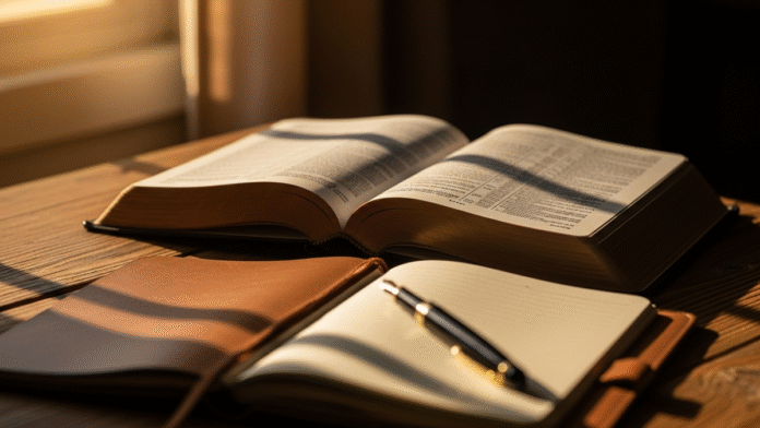 Bíblia com Caderno e Caneta Bíblia aberta com caderno e caneta representando sabedoria e administração cristã
