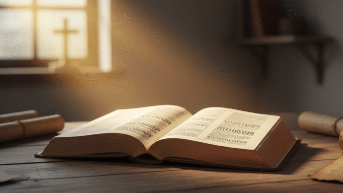 Bíblia com Luz 2 Coríntios Bíblia aberta com luz suave sobre o texto de 2 Coríntios