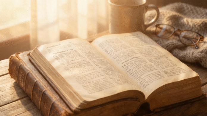 Bíblia luz natural 1 Coríntios 1200x675 imagem de uma Bíblia iluminada por luz natural, aberta em 1 Coríntios