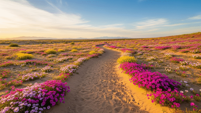 Caminho no Deserto com Flores Caminho aberto no deserto com flores brotando ao redor.
