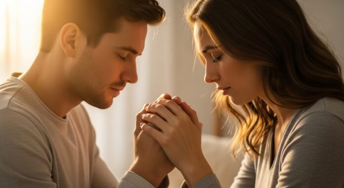 Casal Orando de Mãos Dadas casal orando de mãos dadas simbolizando aliança com Deus