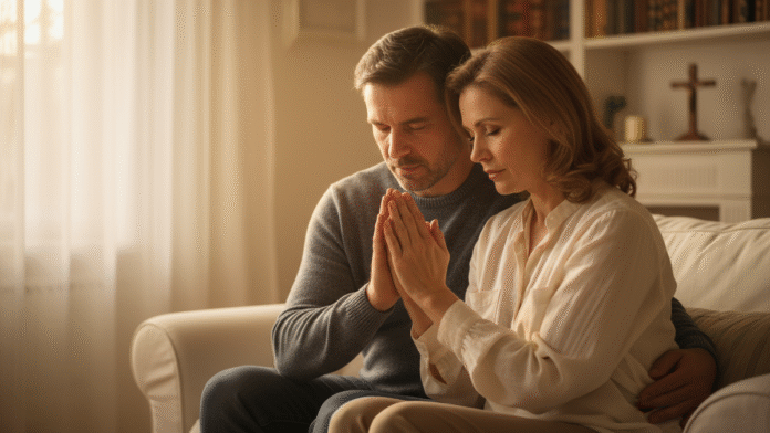 Casal em Oração marido e esposa sentados juntos, com as mãos entrelaçadas em oração
