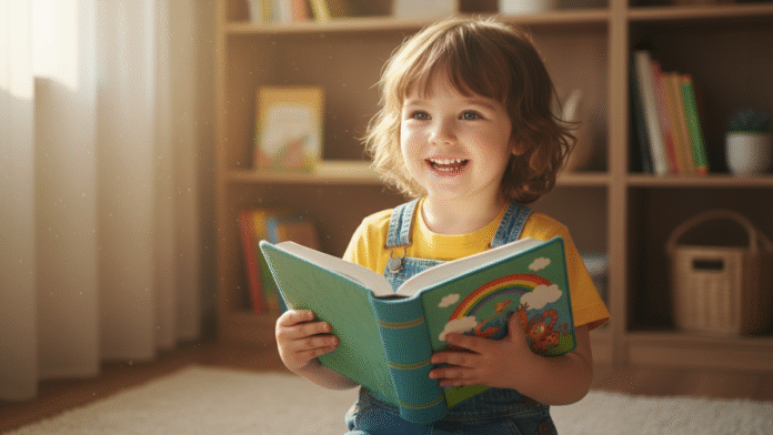 Criança com Bíblia Infantil (1) criança sorrindo com uma Bíblia infantil nas mãos