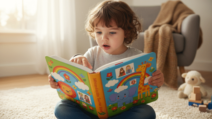 Criança com Bíblia Infantil criança segurando uma Bíblia infantil colorida