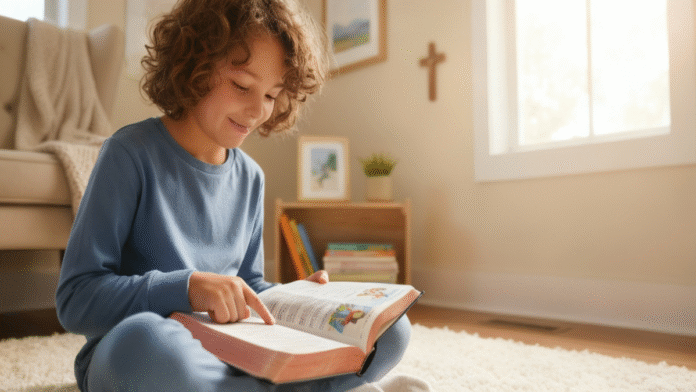 Criança lendo Bíblia devocional 1200x675 imagem de uma criança lendo a Bíblia durante momento devocional