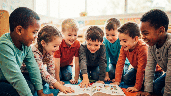 Crianças Brincando com Bíblia Crianças brincando em roda com uma Bíblia no centro, simbolizando aprendizado cristão com alegria.