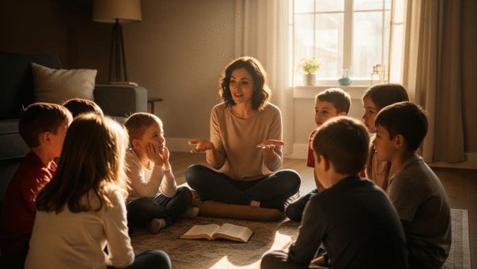 Crianças Ouvindo História de Jó Crianças ouvindo a história de Jó sendo contada de forma lúdica, simbolizando ensino bíblico infantil.