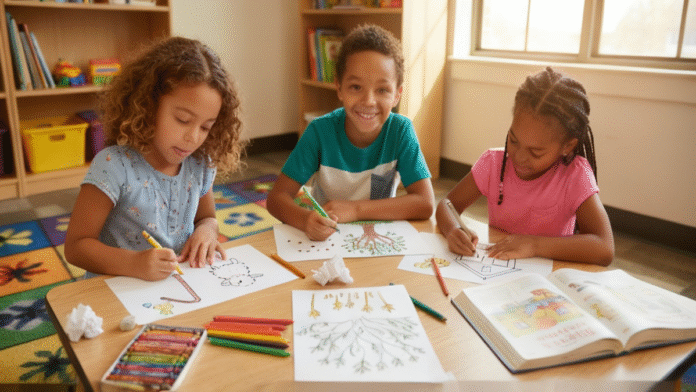 Crianças desenhando parábolas Jesus 1200x675 imagem de crianças desenhando elementos de parábolas de Jesus