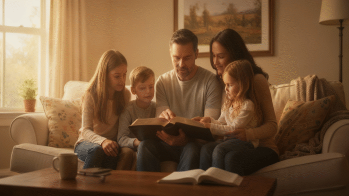 Crianças pais lendo Bíblia 1200x675 Crianças com seus pais lendo a Bíblia e aprendendo versículos bíblicos.