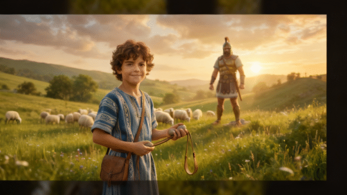 Davi funda Golias coragem fé crianças 1200x675 Uma imagem colorida e amigável para crianças, mostrando o jovem Davi com sua funda e pedras, de pé diante do gigante Golias, com um fundo de campo e ovelhas, transmitindo coragem e fé.