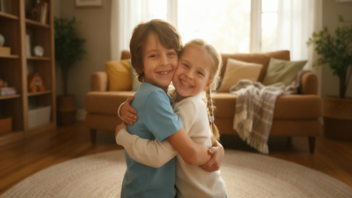 Duas crianças abraçadas sorrindo 1200x675 duas crianças abraçadas e sorrindo dentro de casa, representando união e carinho