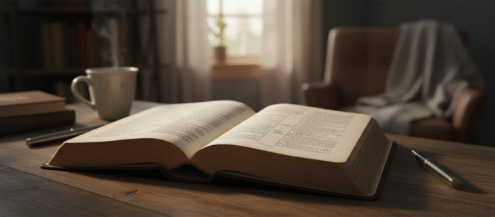 Estudo Gálatas Bíblia aberta no livro de Gálatas com luz incidindo sobre a página.