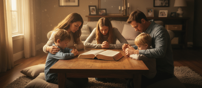 Família Bíblia orando Família reunida ao redor da Bíblia orando, representando um lar firmado na Palavra de Deus.