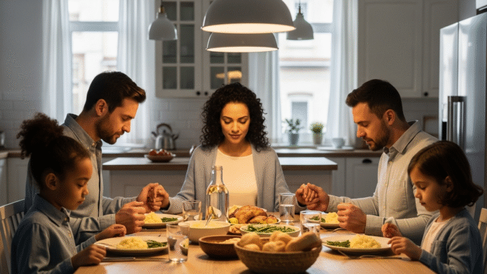 Família Cristã Orando à Mesa Família cristã orando à mesa, simbolizando fé e comunhão no lar.