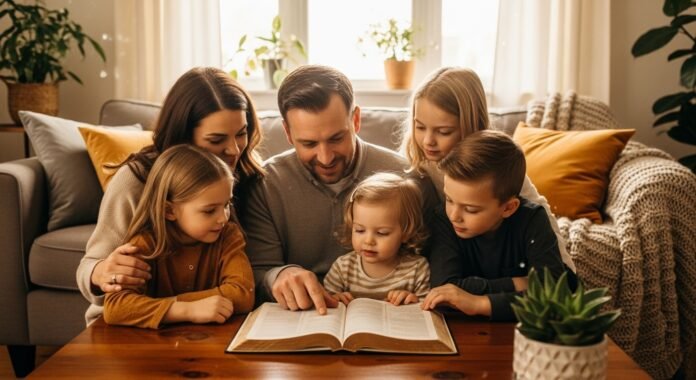 Família Lendo a Bíblia Juntos família reunida lendo a Bíblia simbolizando o ensino da fé no lar