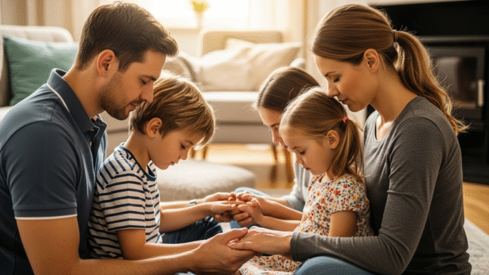 Família Orando Junta pais e filhos orando juntos em família refletindo o amor de Cristo