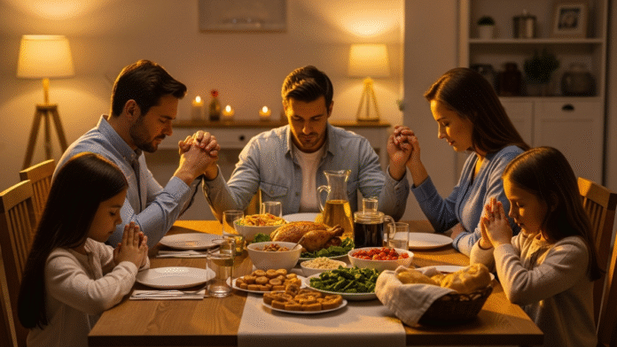 Família Orando à Mesa Família orando à mesa antes do jantar, representando comunhão e fé em família.