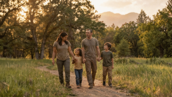 Família caminhando ao ar livre direção exemplo cuidado 1200x675 imagem de uma família caminhando ao ar livre, simbolizando direção, exemplo e cuidado.