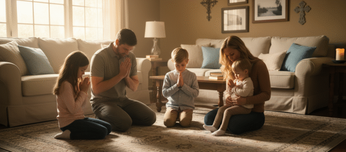 Família em Oração Pais e filhos reunidos em oração na sala, representando o ensino da fé no lar.