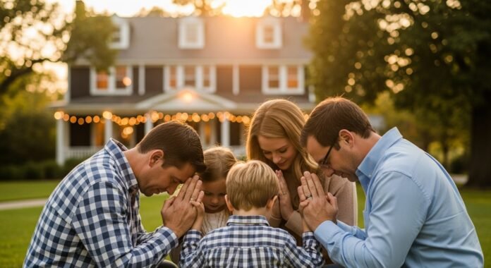 Família em Oração diante de Casa Família reunida em oração diante de uma casa, simbolizando alicerce em Cristo.