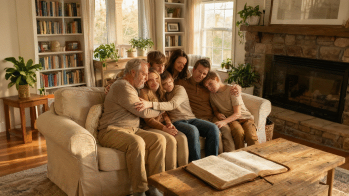 Família evangélica reconciliação fé 1200x675 Uma imagem serena de uma família evangélica reunida na sala de estar, com os membros se abraçando após uma conversa, uma Bíblia aberta sobre a mesa, simbolizando reconciliação e fé.