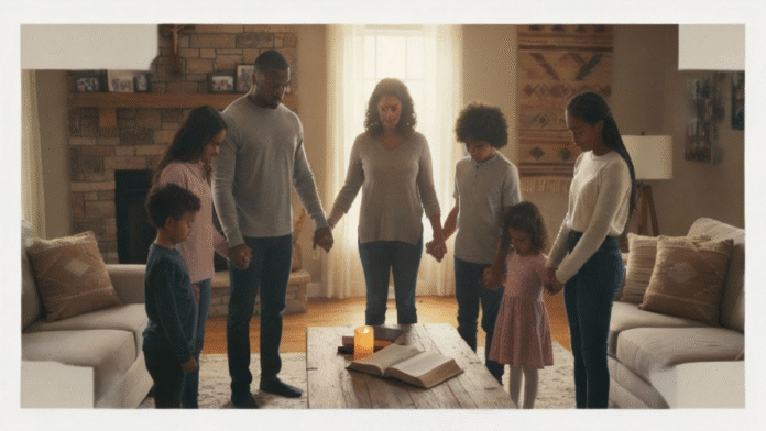 Família mãos dadas oração casa 1200x675 imagem de uma família de mãos dadas em oração dentro de casa