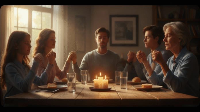 Família orando mesa 1200x675 Família reunida de mãos dadas em oração ao redor da mesa.