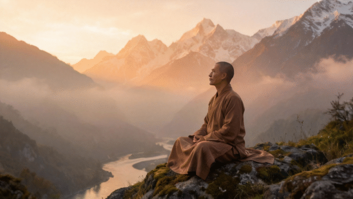 Figura contemplando montanhas luz manhã 1200x675 figura contemplando montanhas iluminadas pela luz suave da manhã.