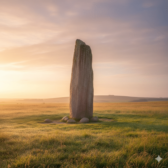 Gemini_Generated_Image_35n49t35n49t35n4 Fotografia de uma pedra erguida em campo aberto com luz suave da manhã, representando o encontro de Jacó com Deus.