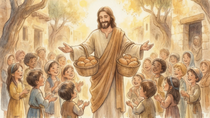 Jesus distribuindo pães crianças 1200x675 imagem ilustrada de Jesus sorrindo enquanto distribui pães para uma multidão de crianças