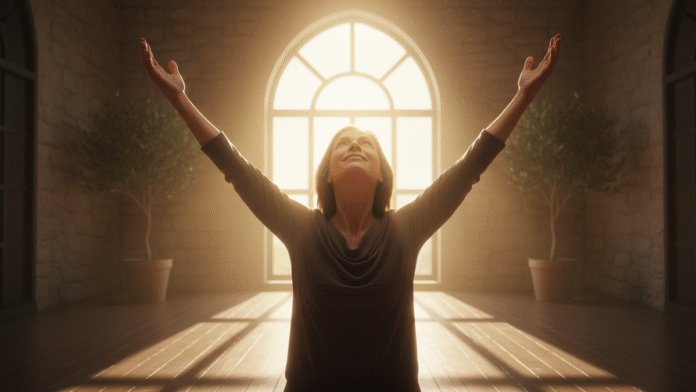 Liberdade Espiritual - Mãos Levantadas pessoa com as mãos levantadas diante de luz suave, simbolizando liberdade espiritual