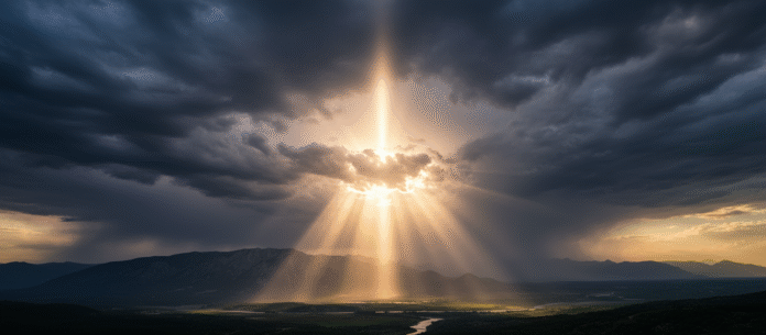 Luz atravessando nuvens Imagem de luz atravessando nuvens escuras, simbolizando esperança e o controle soberano de Deus.