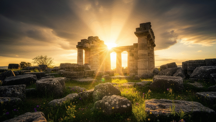 Luz do Sol Iluminando Ruínas luz do sol iluminando ruínas representando recomeço e glória de Deus