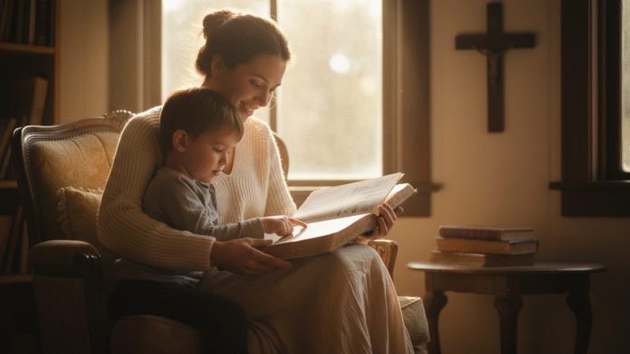 Mãe e Filho com a Bíblia Mãe e filho lendo a Bíblia juntos em um momento de carinho
