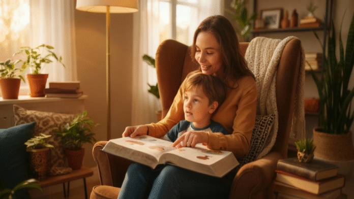 Mãe filho Bíblia aconchegante 1200x675 Cena de mãe e filho lendo a Bíblia juntos em ambiente aconchegante