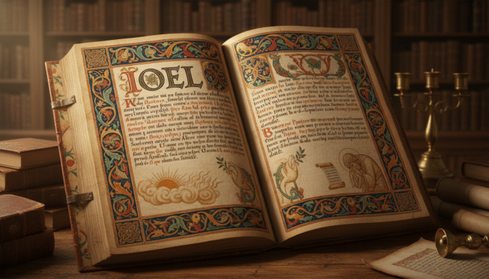 Manuscrito Iluminado - Livro de Joel manuscrito antigo iluminado, representando o livro de Joel e suas mensagens proféticas