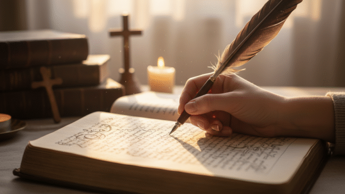 Mão Escrevendo com Direção Divina imagem de uma mão escrevendo em um caderno, representando direção divina