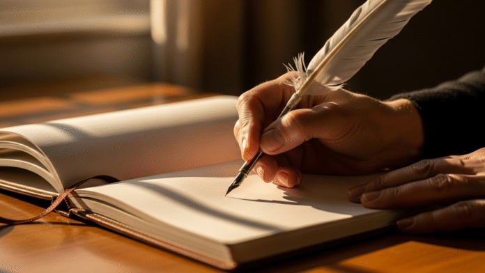 Mão com Caneta sobre Caderno Mão segurando uma caneta sobre um caderno aberto, representando Deus escrevendo uma nova história.