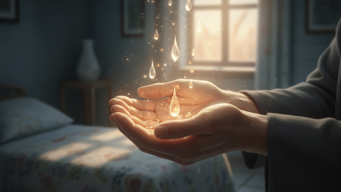 Mãos Acolhendo Gotas Ilustração de mãos acolhendo gotas brilhantes, representando o consolo de Jesus