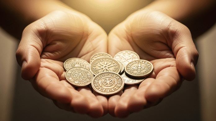 Mãos Segurando Moedas Antigas mãos segurando moedas antigas simbolizando os talentos confiados por Deus
