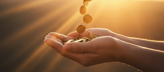 Mãos com moedas Mãos abertas segurando moedas sob luz dourada, simbolizando prosperidade e bênção divina.