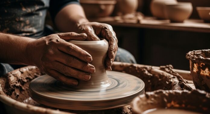 Mãos de Oleiro Moldando Vaso Mãos de um oleiro moldando um vaso, simbolizando Deus trabalhando nos bastidores.