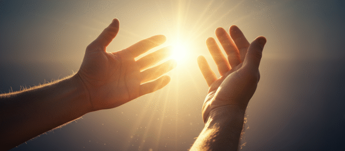 Mãos estendidas luz dourada mãos estendidas diante de uma luz dourada simbolizando promessa e esperança