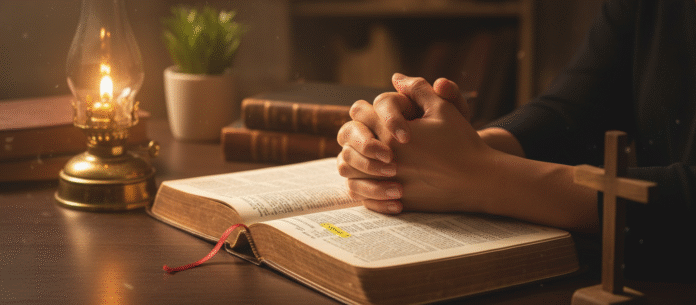 Mãos oração Bíblia orientação divina imagem de mãos em oração sobre uma Bíblia aberta, simbolizando busca por orientação divina