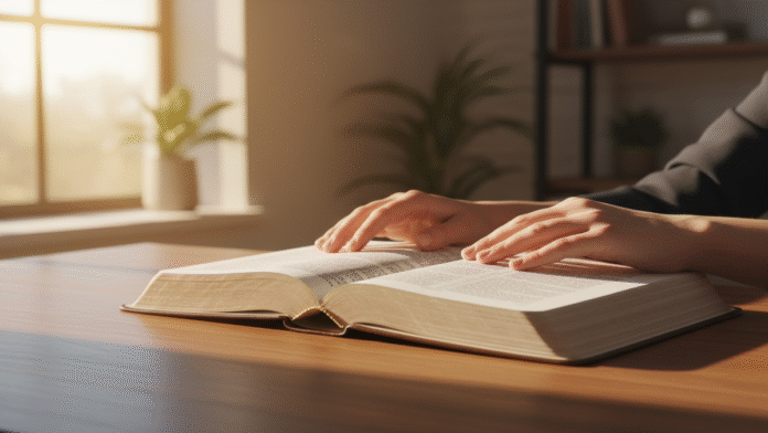 Mãos sobre Bíblia com Luz mãos apoiadas sobre uma Bíblia aberta com luz suave entrando pela janela