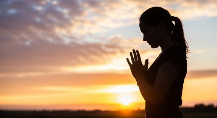 Mulher Orando ao Amanhecer mulher orando ao amanhecer simbolizando força e fé guiadas por Deus